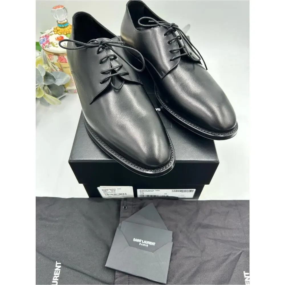 Men's Saint Laurent ADRIEN Derby shoes in Black glazed Leather size 44 Italy